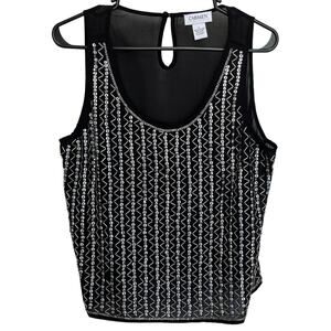 Carmen Marc Valvo | Black Sheer Sleeveless Beaded Top Glam Large Iridescent